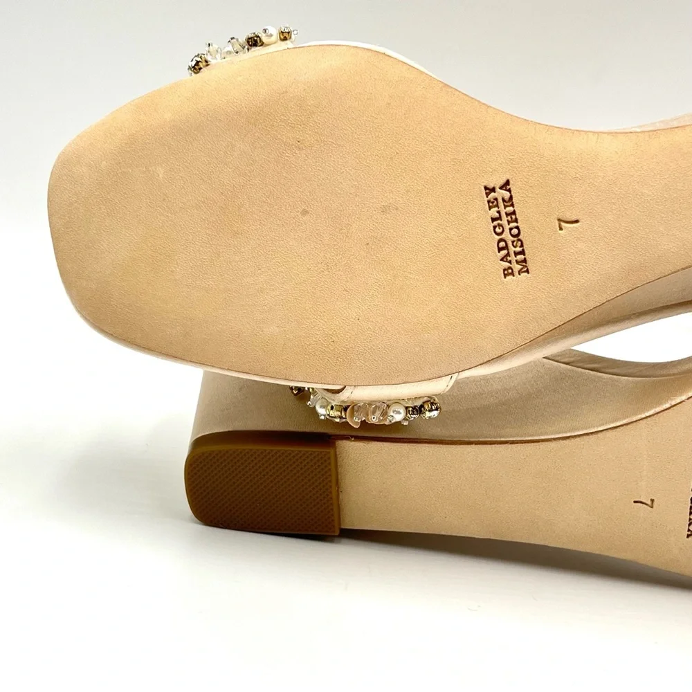 Badgley Mischka Size 7 Nude Satin Jeweled Low Wedges Heels Dress Sandals Shoes‎